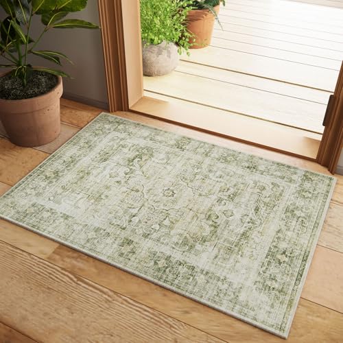 2x3 Washable Area Rugs for Entryway: Small Boho Rug Non Slip Door Mat Indoor Entrance Low Pile Soft Throw Rugs for Inside Front Door Floor Bedroom Bedside Kitchen Nursery Dorm Room Entry - color: Green, size: 2' x 3' (Rectangular)