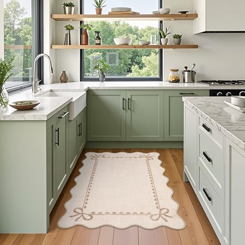 GarveeHome Scalloped Bow Rug for Kitchen Floor, Solid Beige Rug for Dorm, Washable Entryway Rugs 2x3 Soft Low Pile Non Slip Scalloped Rugs for Nursery Bedroom Decor Hallway - color: Beige, size: 2' x 3' (Rectangular)