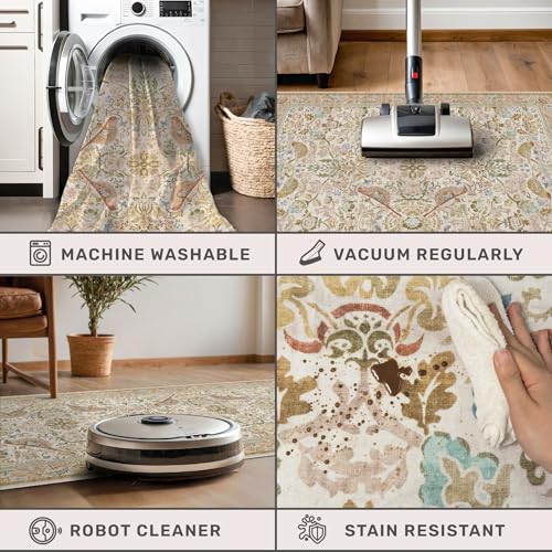 Hazo Haus Boho Bathroom Runner Rug 2x5 - Floral & Bird Runner Rug for Kitchen Floor, Hallway, Laundry Room, Bedroom, Entrance, Beige Neutral Vintage Decor, Washable Non Slip Low Pile - color: Beige, size: 2' x 5' (Runner)
