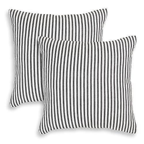 Black and White Ticking Stripe Woven Cotton Decorative Square Throw Pillow Case Covers 20 x 20 Inches, Set of 2 - size: 20" x 20" (Pack of 2)