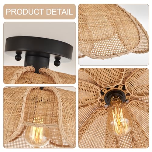 22" Natural Rattan Flush Mount Ceiling Light Fixture， Hemp Rope Wicker Hand-Woven Boho Chandelier with Flower Lampshade for Porch Patio Hallway Bedroom Living Room Kitchen Island