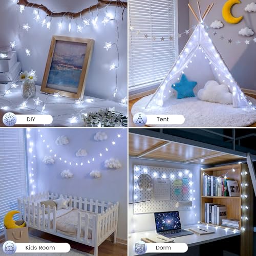 HEYFUNi White Star String Lights with Remote, 16FT 50 LED USB Battery | Remote control, 2/4/6/8H timer, 8 modes, 4 Brightness & Speed, USB or battery powered for bedroom, dorm, nursery decor - color: White, size: 50 LED-Battery&USB