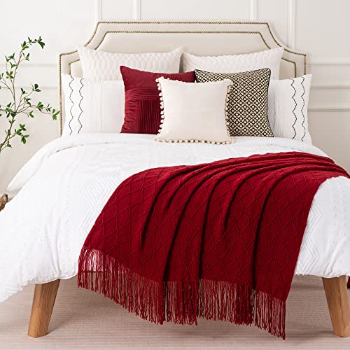 BATTILO HOME Red Throw Blanket Large Fringe Fall Throw Knitted Bed Throws for Couch Sofa Indoor Outdoor, Red, 52 x 80 in. - color: Red, size: 52 x 80 in.