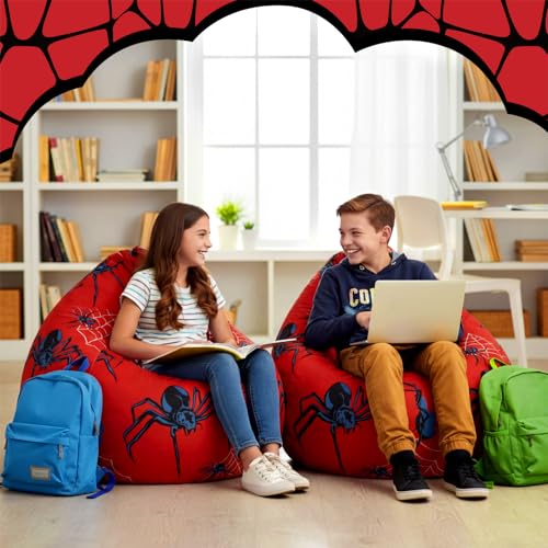 Boao 27'' Large Spider Kids Bean Bag Chairs Cover (No Filling) Washable Stuffed Animal Storage Beanbag Chair for Kids Canvas Bean Bag Cover with Zipper for Boys Organizing Plush Toys Textile Sack - color: Spider, size: 27 Inches