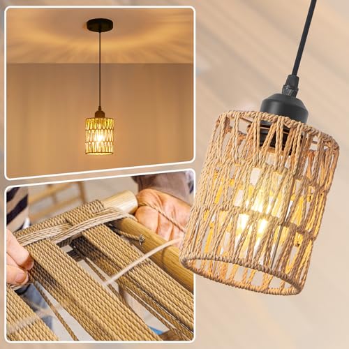 Rattan Chandelier Pendant Lights Kitchen Island,Farmhouse Boho Chandeliers Adjustable Height Hanging lamp for Dining Room,Small Kitchen Ceiling Light Fixtures with Hand Woven Wicker Lampshade - size: 1 Pack