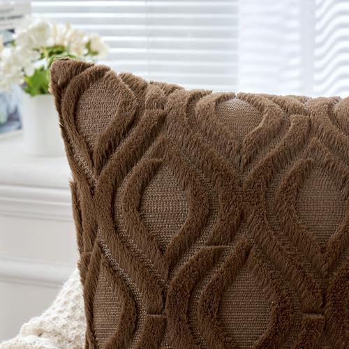 MIULEE Dark Brown Throw Pillow Covers 18x18 Inch, Soft Winter Plush Faux Wool Couch Pillow Covers Set of 2 Decorative Farmhouse Boho Throw Pillows for Sofa Living Room Bed - color: Dark Brown, size: 18" x 18" (Pack of 2)