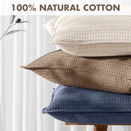 Set of 2 Decorative 100% Cotton Waffle Euro Sham Pillow Covers 24x24, Neutral Throw Pillows Weave European Cushion Cases for Couch Sofa Bed Modern Farmhouse Home Decor, Brown - color: Brown, size: 24" x 24" (Pack of 2)