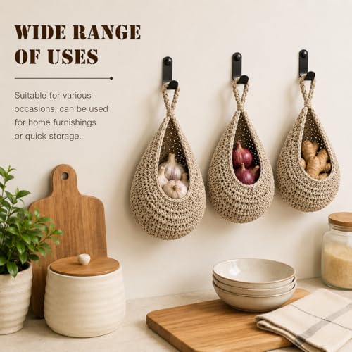 Boho Decor Hanging Fruit Baskets for Kitchen, 3 Pack Handwoven Teardrop Wall Hanging Baskets with Hooks, Storage for Fruits, Onions, Vegetables & Potatoes, 3 Sizes for Home, Light Linen - color: Light Linen