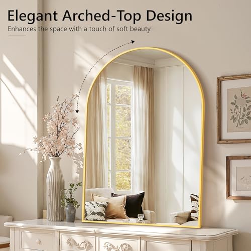 Arched Bathroom Mirror for Wall, 40" x 28" Gold Metal Frame Vanity Mirror, HD Glass Over Sink for Bathroom, Entryway, Bedroom - color: Gold, size: 40"L x 28"W