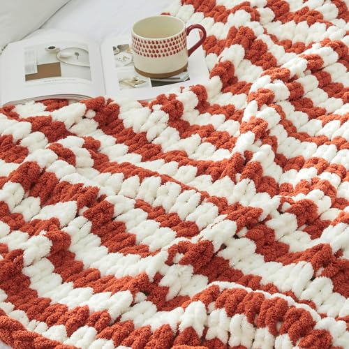Amélie Home Chunky Knit Throw Blanket for Couch, Soft Chenille Handmade Crochet Throw Rope Knot Blanket for Couch, 50"x60", Burnt Orange & White Striped - color: Burnt Orange/White Stripe, size: 50"x60"