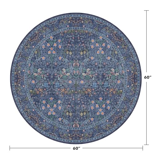 Hazo Haus Dark Blue 5ft Circle Area Rug for Living Room, Vintage Botanical Floral Design Washable Round Rugs for Bedroom, Dining Room Under Table, Plant Pattern Dark Home Décor - color: Dark Blue, size: 5' (Round)