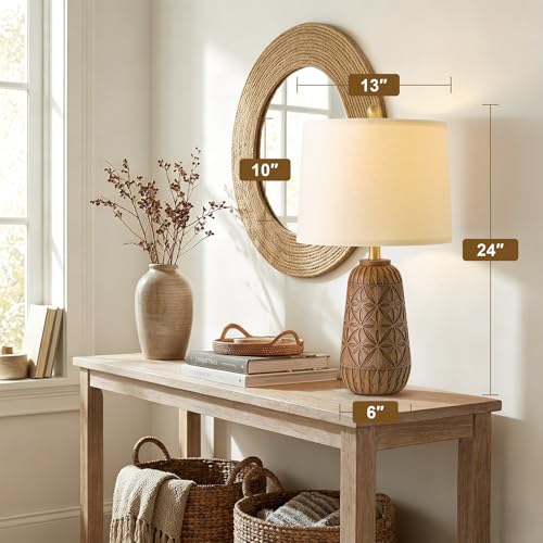 BOBOMOMO 24" Modern Farmhouse Table Lamp, Geometric Hand-Carved Resin Bedside Lamp with Wood Grain Finish, Rustic Nightstand Lamp for Bedroom & Living Room, Cottage Decor, Rotary Switch - size: 24"