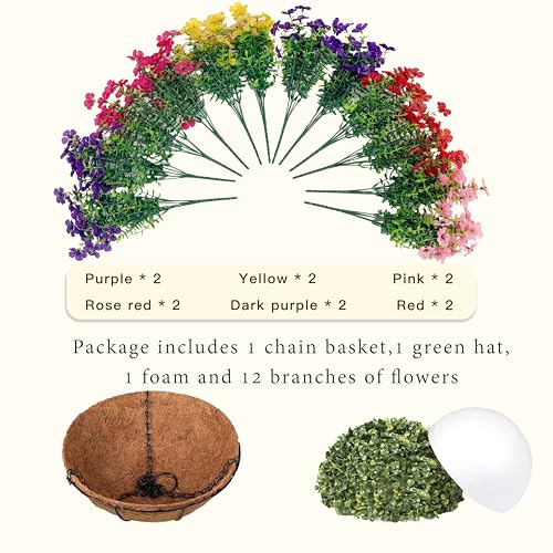 Senjie 12 Bundles Artificial Hanging Flowers with Basket for Outdoor Decor, UV Resistant Faux Flowers Fake Hanging Planter for Porch Patio Balcony - color: Mix 6 Color