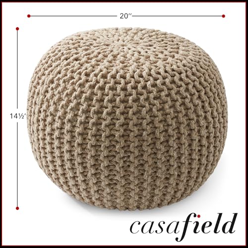 Casafield Round Pouf Ottoman, Beige Ivory - 20" Diameter x 14.5" High Cotton Knit Foot Stool - Boho Floor Pouffe for Living Room, Bedroom, Home Office - color: Beige Ivory, size: 20"D x 20"W x 14.5"H