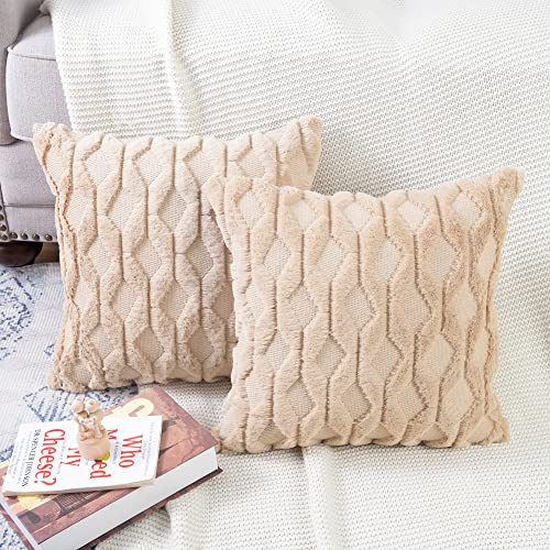 MADIZZ Set of 2 Soft Polyester Short Wool Velvet Decorative Throw Pillow Covers 16x16 inch Khaki Square Luxury Style Cushion Cases Pillow Shell for Sofa Bedroom - color: Khaki, size: 16" x 16" (Pack of 2)
