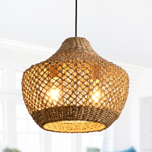 2-Light Rattan Pendant Light,15" Boho Basket Light Fixtures, Rattan Chandelier Hand-Woven Wicker Wicker Light fixtures Hanging for Dining Living Bedroom Kitchen Farmhouse - color: Brown rattan, size: 2-light 15in