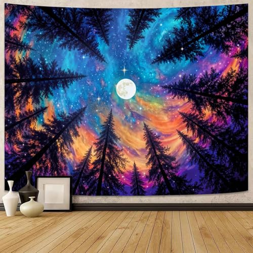 Wegklazax Celestial Forest Sky Tapestry, Artistic Fantasy Wall Art for Room Decor, Vibrant Night Home Decor 90" L x 70" W - color: Blue Purple, size: 90"L x 70"W