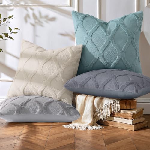 decorUhome Summer Set of 4 Throw Pillow Covers 18x18 Inch, Neutral Decorative Soft Plush Faux Wool Couch Pillow Covers, Farmhouse Pillow Cases for Living Room Bed Sofa (Beige/Grey) - color: Beige Grey, size: 18" x 18" (Pack of 4)