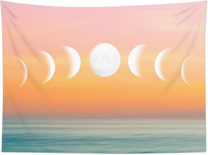 LB Orange Sky Moon Phase Tapestry, Pink and Orange Sunshine Over Teal Ocean Wall Tapestry for Bedroom, Nature Landscape Wall Hanging Tapestry Wall Art for Living Room Home Decor, 59 x 51 Inches