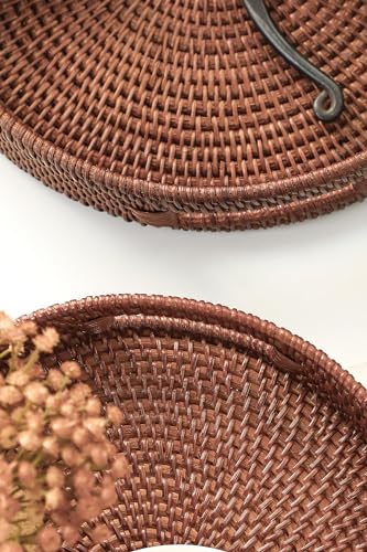 HITOMEN 11.8" Hand-Woven Round Rattan Serving Tray Decorative Wicker Trays with Handles for Coffee Table (Brown-M) - color: Brown, size: Medium (11.8 inches)