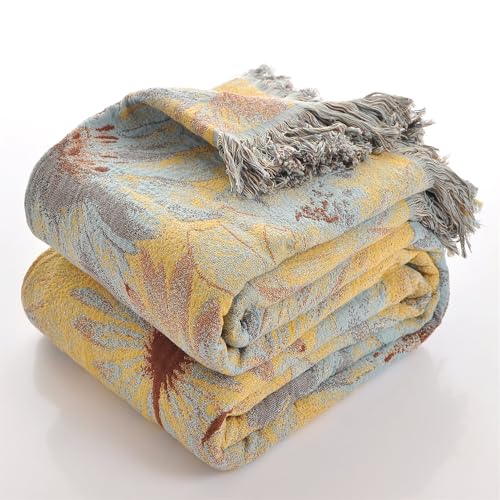 Boho Cotton Throw Blankets for Bed Couch, 100% Soft Cozy Cotton Blanket Rustic Quilt 80"x90",Reversible Muslin Farmhouse Blankets for Armchair,Picnic,Sofa,Couch - color: A-yellow Flowers, size: 80x90 Inch