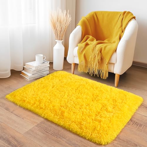 2x3 Small Rugs for Bedroom, Soft Fluffy Shaggy Bedside Area Rugs for Living Room, Indoor Floor Carpet for Kids Girls and Boys, Nursery Rooms, Home Decor Aesthetic, Yellow - color: Yellow, size: 2' x 3' (Rectangular)