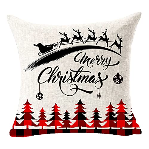 Set of 4 Merry Christmas Believe Reindeer Tree Best Gift Square Pillowcase Decorative Throw Pillow Cover Cushion Case Cotton Linen Material 18" x18'' (Beige&Red) - color: Beige Red