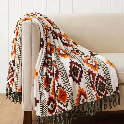 CASAAGUSTO Boho Throw Blanket with Tassel, Farmhouse Western Flannel Bohemian Blanket, Vintage Native Mexican Decorative Throw, Ideal for Gifting (60x80 Inches, Orange and Green) - color: Orange and Green, size: 60X80