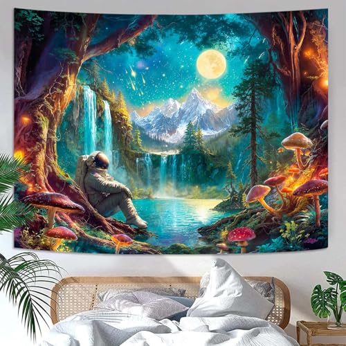 Zussun Mushroom Forest Tapestry Astronaut Nature Waterfull Snow Mountain Tapestry for Bedroom Aesthetic Fairy Moon Landscape Small Tapestries Wall Hanging for Dorm Living Room Decor 60 x 44 Inch - color: Cold Green, size: 60"L x 44"W