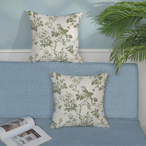 Sage Green Pillow Covers 18x18 Set of 2 Chinoiserie Flower Birds Throw Pillow Covers Outdoor Decor Spring Summer Vintage Floral Pillowcase Farmhouse Decorative Linen Cushion Case for Couch Sofa - color: A-floral Birds-green, size: 18" x 18" (Pack of 2)