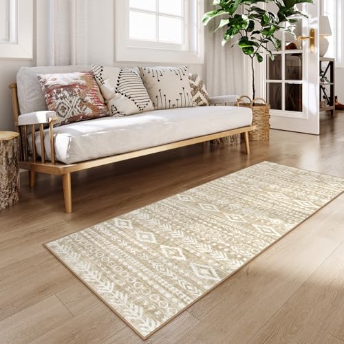Lahome Boho Geometric Washable Runner Rug, 2x6 Low-Pile Tan Long Bathroom Runner Rug Non Slip Washable, Rustic Print Pattern Soft Bedroom Carpet Runner 6ft for Entryway Laundry Room Varena - color: Tan/White, size: 2' x 6'
