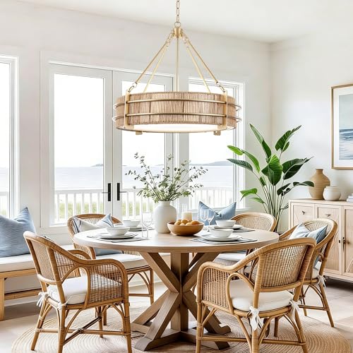 24.8" Boho Rattan Chandelier, 5-Light Large Hand-Woven Rattan Chandeliers with Wicker Shade, Rustic Gold Pendant Light for Dining Room, Living Room, Bedroom, Kitchen, Foyer - size: 24.8 inch