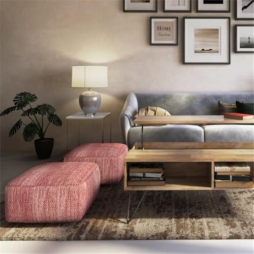 BOWERY HILL Square Pouf, Patterned Maroon Mélange Cotton, 20" W x 20" D x 10" H, Hand-Woven Upholstery, Polystyrene Filling, Transitional Style Footrest or Extra Seating for Living Space - color: Red