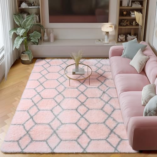 ONASAR Area Rugs for Girls Bedroom Living Room, 4x6 Fluffy Pink and Grey Throw Rug, Shaggy Geometric Soft Plush Floor Carpet for Nursery Boys Teen Playroom Dorm Home Office Decor Aesthetic - color: 9- Pink / Grey, size: 4' x 6' (Rectangular)