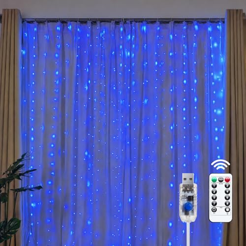 Brightown 300 LED Blue Fairy Curtain Lights, 9.8ft x 9.8ft String Lights, USB Plug in 8 Lighting Modes Christmas String Hanging Lights with Remote for Bedroom Indoor Outdoor Party Xmas Blue 1 Pack - color: Blue, size: 1 Pack-300 LED-USB Plug