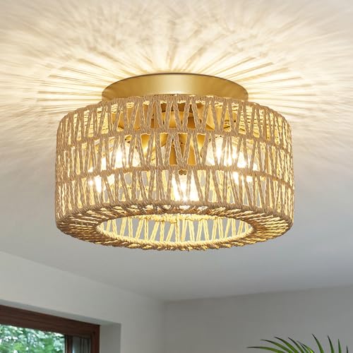 Rattan Light Fixtures Ceiling Mount, 3-Lights Boho Flush Mount Ceiling Light, Hand-Woven Cage Shade Lamp Lighting, Rustic Rattan Chandelier for Hallway Bedroom Kitchen Farmhouse Foyer Entryway (Gold) - color: Gold, size: Small