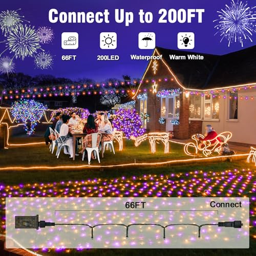 Nisocy 200 LED String Lights Outdoor Waterproof – Purple Orange Fairy Lights with Plug, Connectable Christmas Tree Lights for Patio, Garden, Bedroom, Wedding, Party, Decor (66FT) - style: 66FT, Purple Orange
