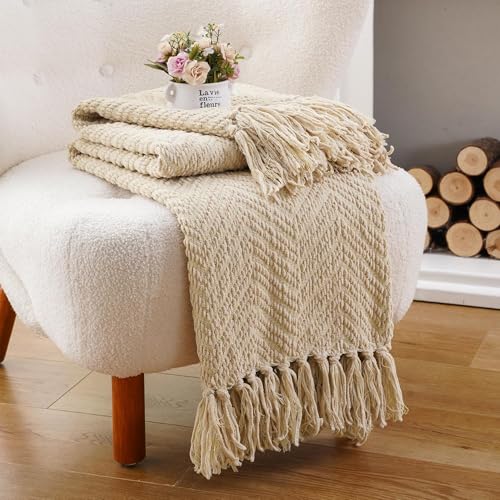 BATTILO HOME Beige Throw Blankets for Couch, Knitted Tan Throw Blanket for Twin Bed, Super Soft Warm Large Throws for Home Decor, 60" x 80" - color: Beige, size: 60"x80"