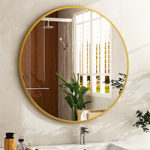 30 Inch Round Bathroom Mirror - Gold Wall Mounted Circle Mirror with Metal Frame, Modern Round Hanging Mirror Suitable for Bathroom, Vanity, Entryway, Living Room - color: Gold, size: 30"L x 30"W