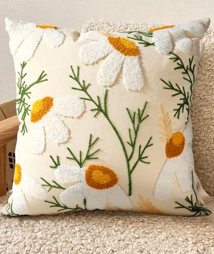 Embroidered Throw Pillow Cover - 18x18 Decorative Pillow Cover with Zipper Aesthetic Cute Design Boho Spring Summer Cozy Throw Pillowcase for Living Room Couch Sofa Bed, White Daisy - color: Daisy, size: 18" x 18" (Pack of 1)