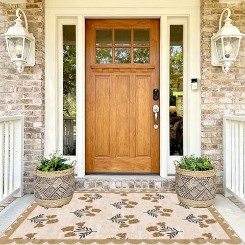 4x6 Covered Outdoor Patio Rug - Beige Washable Front Porch Entry Rug Non-Slip Door Mat Indoor Outside Entrance Floral Scalloped Area Rugs for Living Room Entryway Foyer Backyard Porch Decor - color: Flower - Beige, size: 4' x 6' (Rectangular)