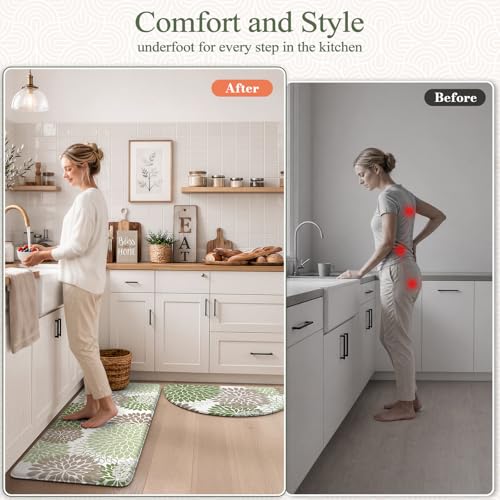KIMODE Half Circle Kitchen Foor Mats Cushioned Anti Fatigue,Dahlia Floral Boho Kitchen Rug Sets of 2 Non Slip,Waterproof Kitchen Carpet Decor for Sink Laundry Bathroom,Sage Green - color: Sage Green, size: 18" x 28"+18" x 47"-0.47 inches