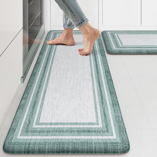 KIMODE Anti Fatigue Kitchen Mats,Farmhouse Kitchen Rugs Non Slip Rubber Backing,Waterproof Kitchen Mat for Floor,Green Laundry Room Rug,Cushioned Standing Desk Mat for Kitchen Decor,Bathroom Sink - color: Green, size: 17.3" x 47 "+ 17.3" x 29 "--0.47 inch