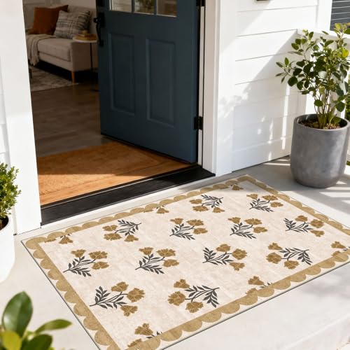 Floral Outdoor Rug - 28" x 43" Front Door Mat Indoor Outside Entrance Non-Slip Washable Outdoor Mat Beige Vintage Farmhouse Rug for Entryway Kitchen Bedroom Layered Doormat for Front Porch - color: Flower - Beige, size: 2'4" x 3'7" (Rectangular)