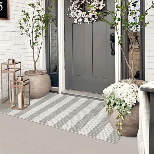 Grey and White Outdoor Runner Rug 2x4.3,Washable Reversible Welcome Door Mat,Cotton Hand Woven Front Porch Decor,Foldable Layered Doormat Indoor Outdoor Rugs for Entryway/Farmhouse - color: Grey, size: 2'x4.3'