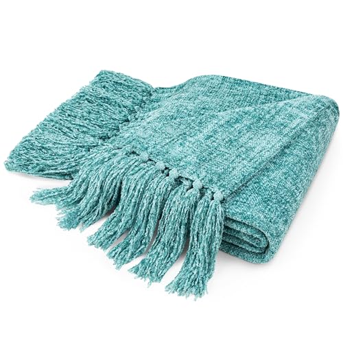 PAVILIA Teal Chenille Throw Blanket for Couch Sofa, Soft Turquoise Throw with Tassel, Decorative Blanket for Bed Chair Living Room, Teal 50x60 - color: Teal, size: 50 X 60 Inches - Throw