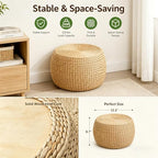 Small Straw Round Pouf Ottoman, Natural Mini Solid Wood Footrest, Boho Low Tatami Footstool for Living Room Bedroom Patio, 12.2"×12.2"×8.7", Ideal for Foot Rest or Temporary Seating