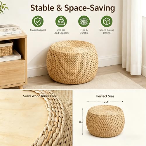Small Straw Round Pouf Ottoman, Natural Mini Solid Wood Footrest, Boho Low Tatami Footstool for Living Room Bedroom Patio, 12.2"×12.2"×8.7", Ideal for Foot Rest or Temporary Seating