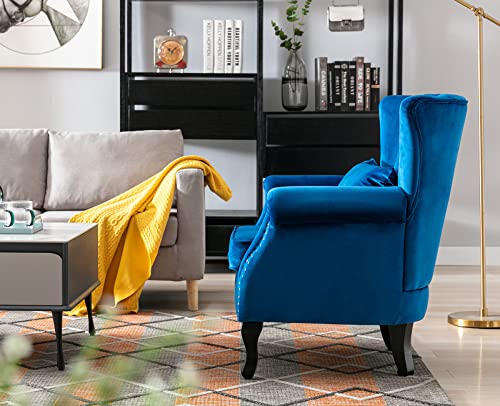 Kmax Blue Accent Chair Velvet Wingback Chair with Pillow Nail-Head Channel Tufted Oversized Club Chair for Living Room Bedroom Guest Room - color: Blue
