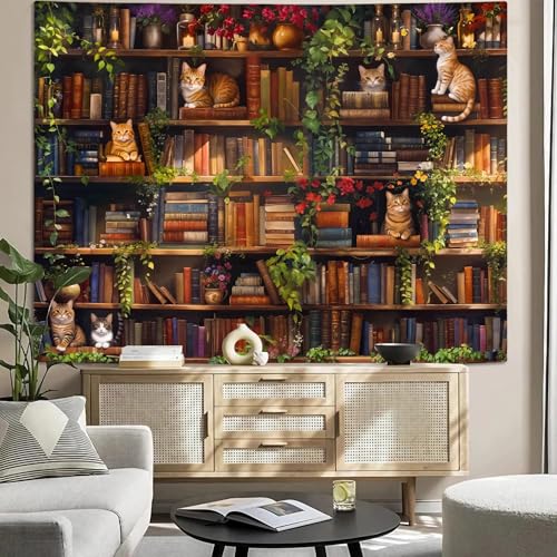 Accnicc Plant Cat Bookshelf Tapestry Botanical Floral Flower Cats Book Tapestries Wall Hanging Vintage Library Small Tapestry for Bedroom Living Room Dorm 60 x 44 inch - color: Green Brown, size: 60"L x 44"W